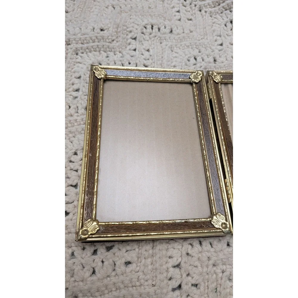 Vintage Gold Tone and Wood Grain Double Hinged 4x6 Photo Frame Folding Picture